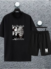 Resim macklin Unisex Kadın Erkek Bts Army (kim,jeon,j Hope,park..) Baskılı Oversize Tshirt Ve Şort Eşofman Takımı 