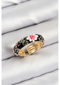 Resim Pirinç Siyah Mineli Çiçek Motifli Gold Renk Ayarlanabilir Kadın Yüzük - Tj-byk3805 Çok Renkli 