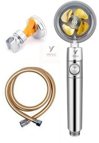 Resim Yayke 360 Derece Dönebilen Turbo Pervaneli Tazyikli Duş Başlığı Pvc Gold Duş Hortumu Vakumlu Mafsal 