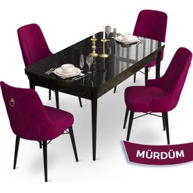 Resim Canisa Concept Taç Serisi 80 x 132 cm Açılabilir Siyah Mermer Desen Masa Takımı 4 Sandalye Gold Halkalı 
