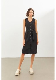 Resim Stella Pulvis Siyah Keten V Yaka Kuşaklı Kolsuz Midi Elbise 