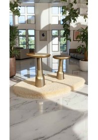 Resim El Yapımı Doğal Ahşap Mantar Sehpa 2 Li Takım Altın Varaklı Yan Sehpa Seti Altın 