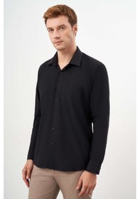 Resim Erkek Siyah Basic Düz Desen Cepli Sert Yaka Regular Fit Gömlek 24mc004057001 Siyah 