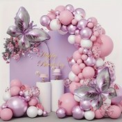 Resim 114 parçalık pembe ve mor kelebek balon garland yay kiti, konfeti lateks balonlar düğünler, Sevgililer Günü, gelin duşları, doğum günleri, yıldönümleri için - Prenses tema evrensel kutlama dekor seti iç ve dış mekanlar için, 14 yaş ve üzeri 