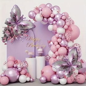 Resim 114 parçalık pembe ve mor kelebek balon garland yay kiti, konfeti lateks balonlar düğünler, Sevgililer Günü, gelin duşları, doğum günleri, yıldönümleri için - Prenses tema evrensel kutlama dekor seti iç ve dış mekanlar için, 14 yaş ve üzeri 