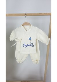 Resim Gros Shop Müslin Yeni Doğan 4katlı Organik %100pamuk Kişiye Özgü Nakışlı Hastane Çıkış Seti Filli Model-2 Ekru 