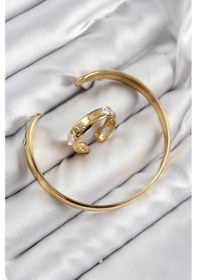 Resim Pirinç Zirkon Taşlı Ayrık Model Gold Renk Bileklik Yüzük Set - Lisinya Çok Renkli 