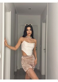 Resim Pepulem Kıvrak Simli Kadife Mini Etek Pudra 