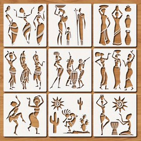 Resim 9 adet Afrika Kabile Şablonu, Yeniden Kullanılabilir 6.3 İnç Plastik Boyama Şablonları, Afrika Kabile Temalı, Kabile Dansı ve Kadınların Hayatlarından Görseller İçerir, Ahşap, Kumaş, Taş ve Duvar Grafitisi Boyama İçin Uygundur. 