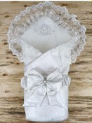 Resim Yenidoğan Pırıltı Taç Nakışlı İnci Delüks Kundak Bebek Battaniyesi Ekru Ekru 