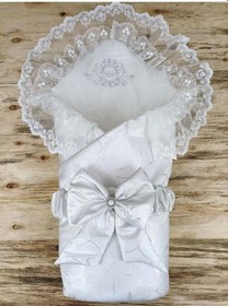 Resim Yenidoğan Pırıltı Taç Nakışlı İnci Delüks Kundak Bebek Battaniyesi Ekru Ekru 