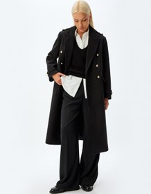 Resim Ekstra Uzun Kaşe Kaban Apolet Detaylı Düğmeli Cepli 