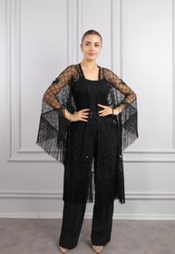 Resim Tül Üstü Boncuk İşlemeli Yarasa Kol Püsküllü Tasarım Kimono Siyah - Siyah / STD 