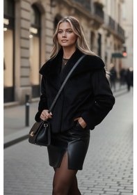 Resim Lela Oversize Geniş Yaka Çıtçıt Düğmeli Astarlı Peluş Bayan Mont 6839623 Siyah 