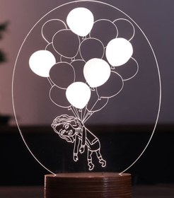 Resim BY-LAMP Balonlu Kız Figürlü Dekoratif Hediye Led Masa Lambası | 7 Işık Rengi | Ahşap Taban 