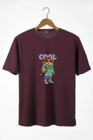Resim Veaven Unisex Bordo Önü Cool Ayıcık Baskılı Bisiklet Yaka Oversize Kalıp Basic Pamuklu T-shirt Bordo 