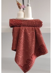 Resim 2'li Jakarlı Yaprak Desenli %100 Pamuk El Yüz Havlusu-50x90cm Terra Terra 