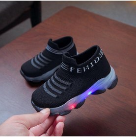 Resim Siyah Çocuk Bebek Kız Erkek Mektup Örgü Led Işıklı Çorap Spor Run Spor Ayakkabı Rahat Ayakkabılar Siyah 