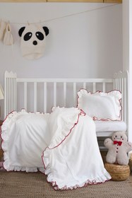 Resim Magnolia Fırfırlı Bebek Nevresim Takımı | 3'lü Set ( Nevresim-Çarşaf-Yastık Kılıfı) | Pamuklu, Kırmızı Biyeli, Yumuşacık | 100 x 150 cm 