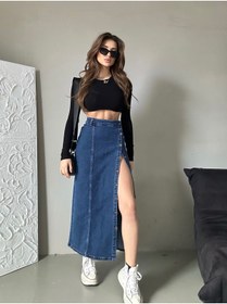 Resim Swet Shop Jeans Kadın Önü Düğmeli Uzun Boy Koyu Mavi Likralı Kot Etek 