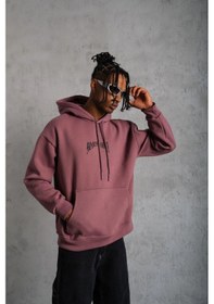 Resim Barlashive Erkek 3 İplik Pamuklu Baskılı Kapüşonlu Cepli Sweatshirt Hoodie - Gül Kurusu Çok Renkli 