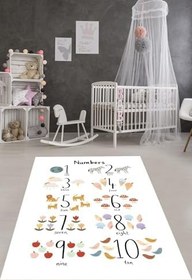 Resim Pelangi Beyaz Zemin İngilizce Rakamlar Desenli Yıkanabilir Kaymaz Taban Leke Tutmaz Çocuk Odası Halısı, Beyaz-Siyah 80 x 150 