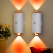 Resim 2 lamba başlıklı Manyetik LED Hareket Sensörlü Duvar Lambası, Ayarlanabilir 15 Renk, Geceye Kadar, Sıcak Turuncu Işık, Oturma Odası, Yatak Odası, Koridor İçin Uygun - USB/Pil ile Çalışır, Modern Beyaz Tasarım 