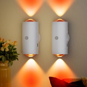 Resim 2 lamba başlıklı Manyetik LED Hareket Sensörlü Duvar Lambası, Ayarlanabilir 15 Renk, Geceye Kadar, Sıcak Turuncu Işık, Oturma Odası, Yatak Odası, Koridor İçin Uygun - USB/Pil ile Çalışır, Modern Beyaz Tasarım 
