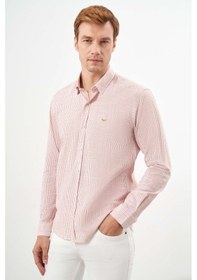 Resim Erkek Turuncu Pamuk Çizgili-panolu İtalyan Yaka Slim Fit Gömlek 25ms004020451 Turuncu Turuncu 