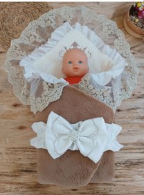 Resim Yenidoğan Wool Yün Kumaş Taç Nakışlı Güpür Duvaklı Fiyonk Prizma Taş Unisex Kundak Bebek Battaniyesi Kahverengi Renkli Çok Renkli 