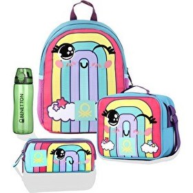 Resim United Colors of Benetton Gökkuşağı Anaokulu Çanta Seti (Çanta - Beslenme - Kalemlik - Yeşil Matara) 