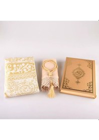 Resim Şal + Seccade + Tesbih + Kuran Hediye Seti Orta Boy, Ekonomik Cilt, Gold 