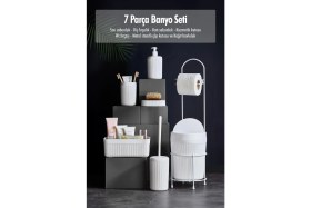 Resim EstoreBox DEPA 7 Parça Beyaz Banyo Seti Metal Stantlı Kovalı Wc Kağıtlık Kozmetik Kutusu Fırçalık Sabunlukl 