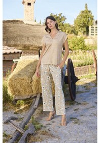 Resim Monamise Kadın Çiçek Deseni V Yaka Pijama Takımı 24081-kahve Kahve 