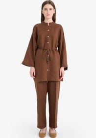 Resim DeFacto%100 Keten Straight Fit Beli Lastikli Cepli Pantolon 