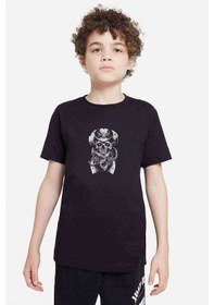 Resim Horror Skull Baskılı Unisex Çocuk Siyah T-Shirt 