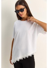 Resim Shade Kadın Bisiklet Yaka Dantel Detaylı Asimetrik Kesim Oversize T-shirt 2224 60286124 - Beyaz 
