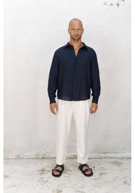 Resim Mai Collection Mai Studios Co. Bice Lacivert Keten Oversize Erkek Gömlek Lacivert 