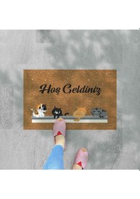 Resim Hoş Geldiniz Yazılır Temalı Kedili Dekoratif Dış Kapı Önü Ve Iç Mekan Paspası Yıkanabilir Toz Alıcı Kahverengi 