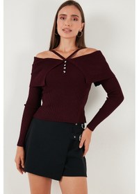 Resim Lela Premium Fitted Fit Carmen Yaka Ip Askı Detaylı Triko Bayan Kazak 680Kz00076 Bordo 
