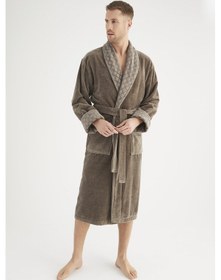 Resim Yaka Jakarlı %100 Cotton Erkek Bornozu Haki 