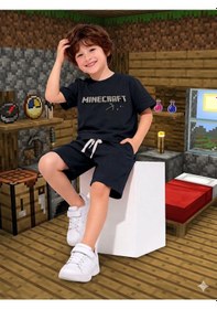 Resim Cg Kids Minecraft Kabartma Yazı Detaylı Erkek Çocuk Tshirt & Şort Alt Üst Takım Süper Kalite Kumaş Koyu Lacivert 