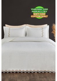 Resim Evlen Home Mihrimah Dantelli Lüks Yatak Örtüsü Seti Çift Kişilik %100 Pamuk Şık Zarif Yumuşak Krem Kırık Beyaz 