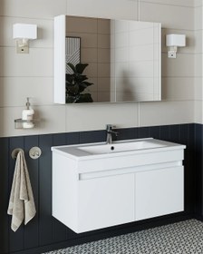 Resim RoomArt Al3 Ayaksız 2 Kapaklı Lavabolu Mdf 85 Cm Banyo Dolabı Aynalı Üst Dolabı Mat Beyaz 