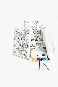 Resim 3'lü Çocuk Ressam Seti - 3 Ad. 20 x 20 cm Ön çizimli Tuval, 2 Ad. Fırça, Palet, Boya ve Şövale 