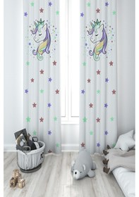Resim Mekta Home Bebek Ve Çocuk Odası Renkli Unicorn Desenli Beyaz 2 Kanat Fon Perde 