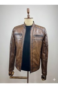 Resim Verra Hakiki Deri Kahverengi Eskitme Biker Erkek Mont - Kapitoneli Slim Fit Deri Ceket 