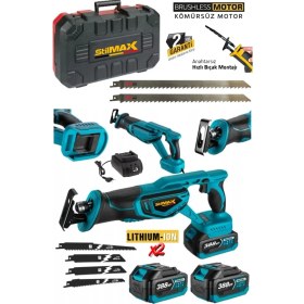 Resim Stilmax 388VF 10AH Çift Akülü Kömürsüz Motor Çelik Şanzımanlı Akülü Tilki Kuyruğu Testere + 7 Ad Bıçak Seti 