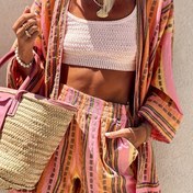 Resim Boho Chic Renkli Çizgili Uzun Kollu Açık Ön Yamaşlı Ceket Elastik Bel ve Yan Cep Şort Seti - Tatil Okuma 