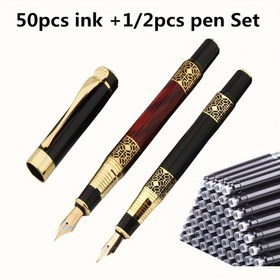 Resim 50 Mürekkep + 1/2 Kalem Seti Yüksek Kaliteli Siyah Kırmızı Renk Altın Oyma Şeftali Kalın İş Ofisi Kalem Okul Öğrenci Malzemeleri Yeni Mürekkep Kalem 